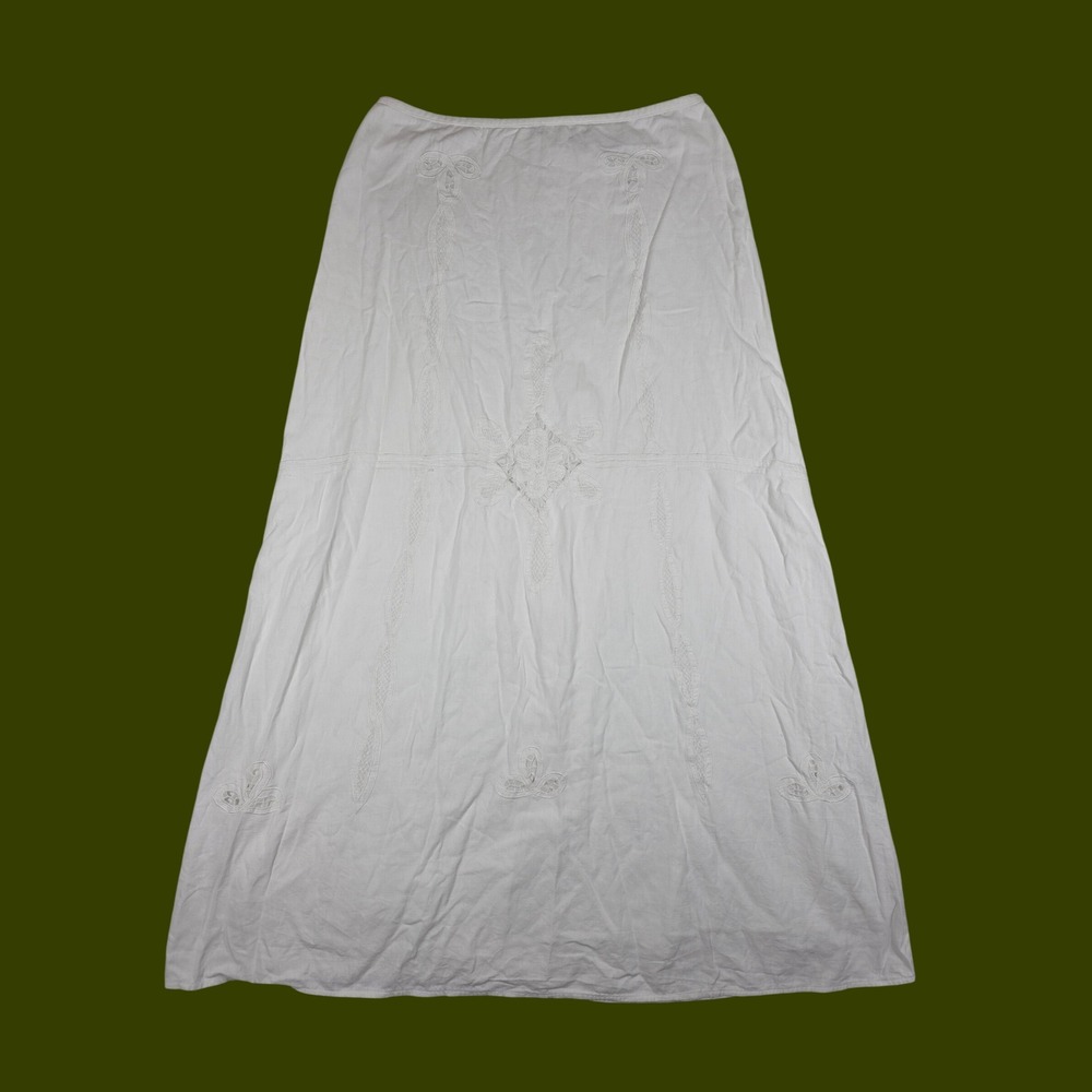 Vintage Newport News Embroidered Linen Blend Maxi Skirt 12 White Coastal Boho